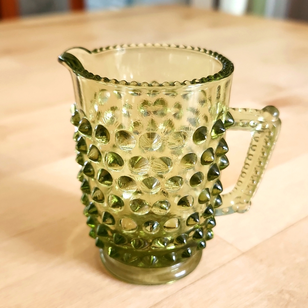 Vintage Early Fenton Green Hobnail Creamer